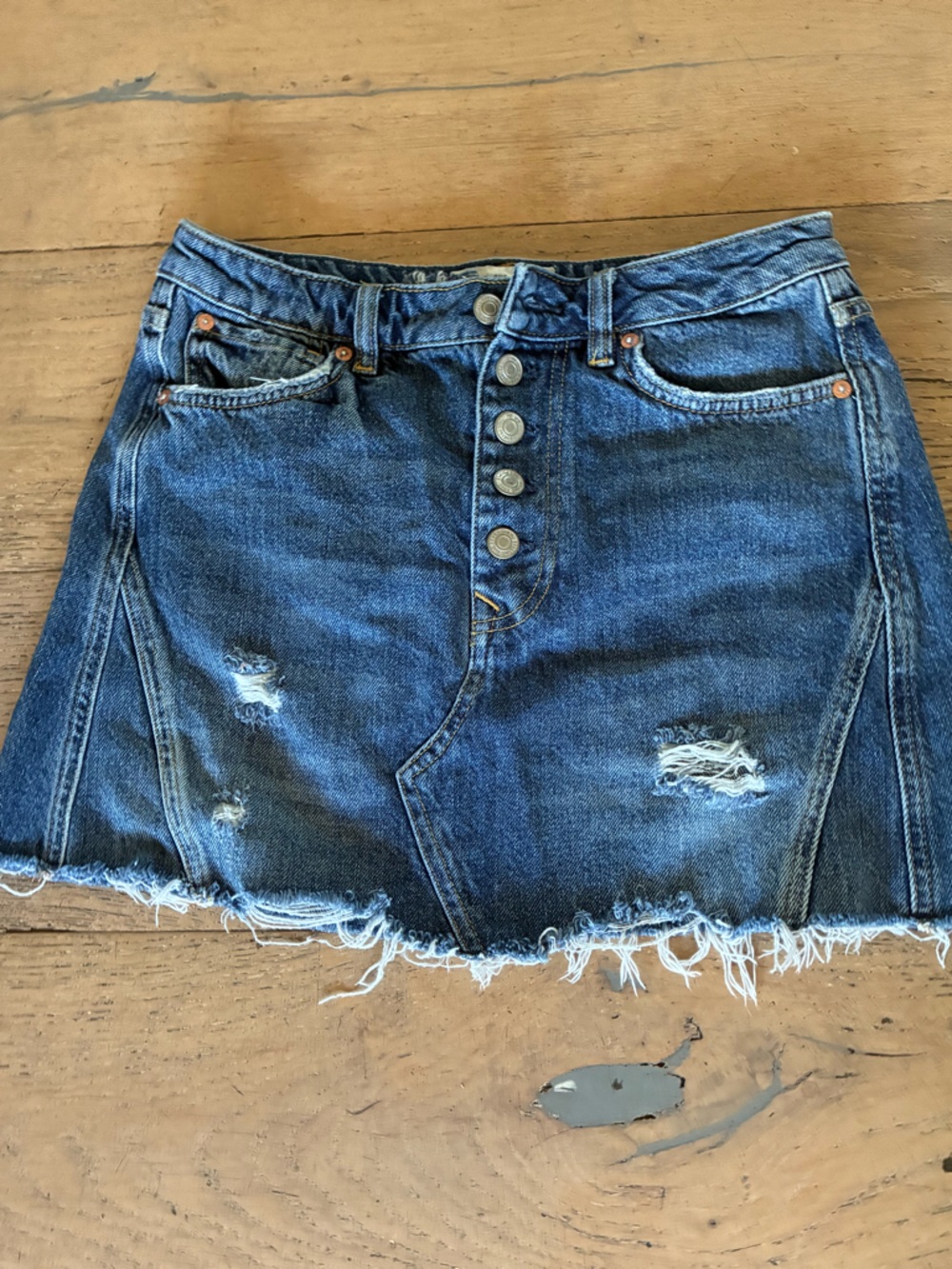 We The Free Blue Distressed Denim Skirt